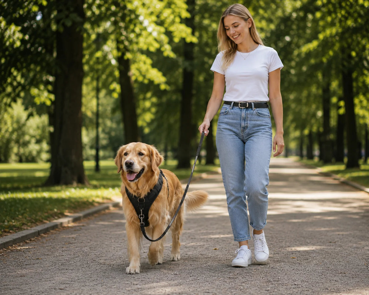 Frau spaziert mit Golden Retriever an lockerer Leine im Park – entspanntes Gehen ohne Ziehen