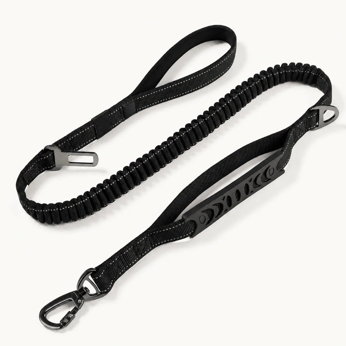 Schwarze Bungee-Hundeleine mit Stoßdämpfung, gepolstertem Griff, Karabiner und Auto-Gurtadapter